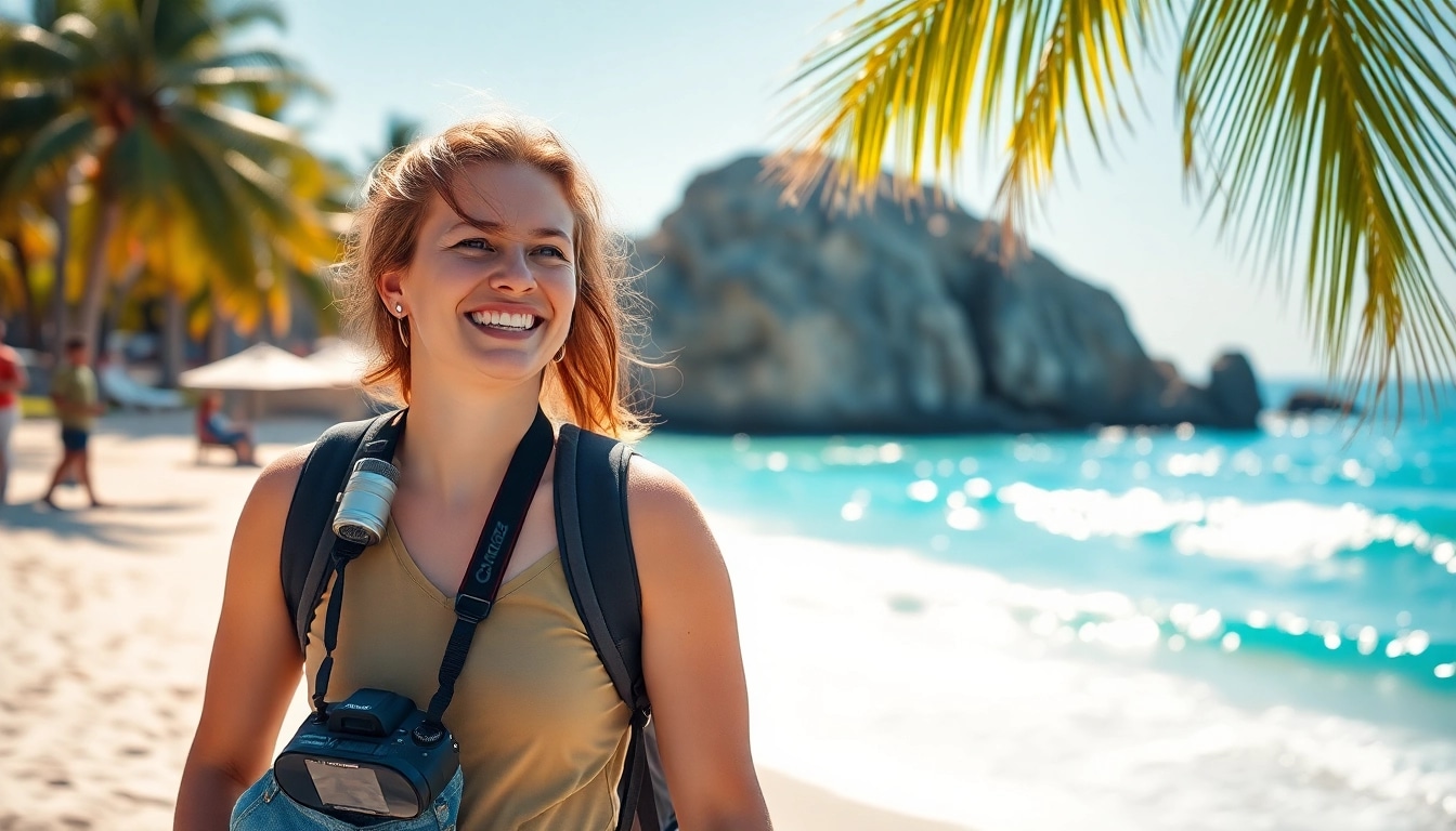 Budget travel Cabo scene with a traveler at the beach enjoying sun and waves.