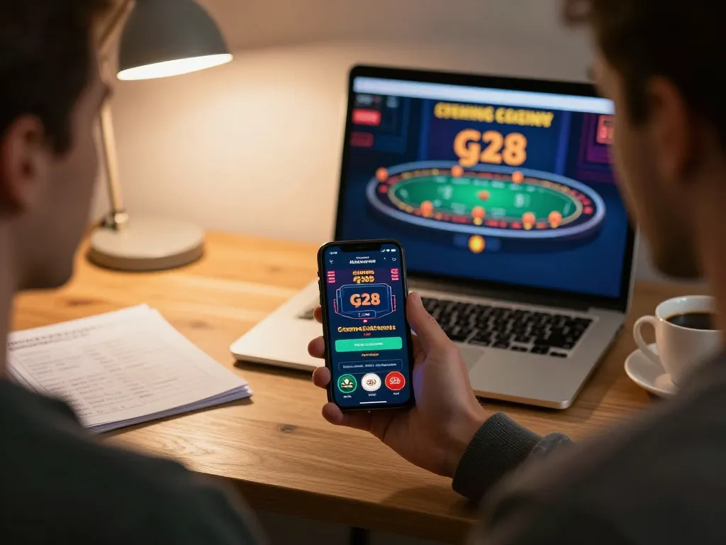 Engage in thrilling gaming with g28 casino app on smartphone, capturing responsible entertainment.
