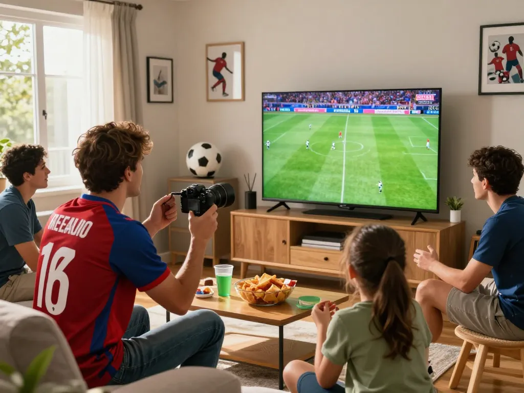 Engaged soccer fan enjoying live Cà khịa tv match with friends and snacks.