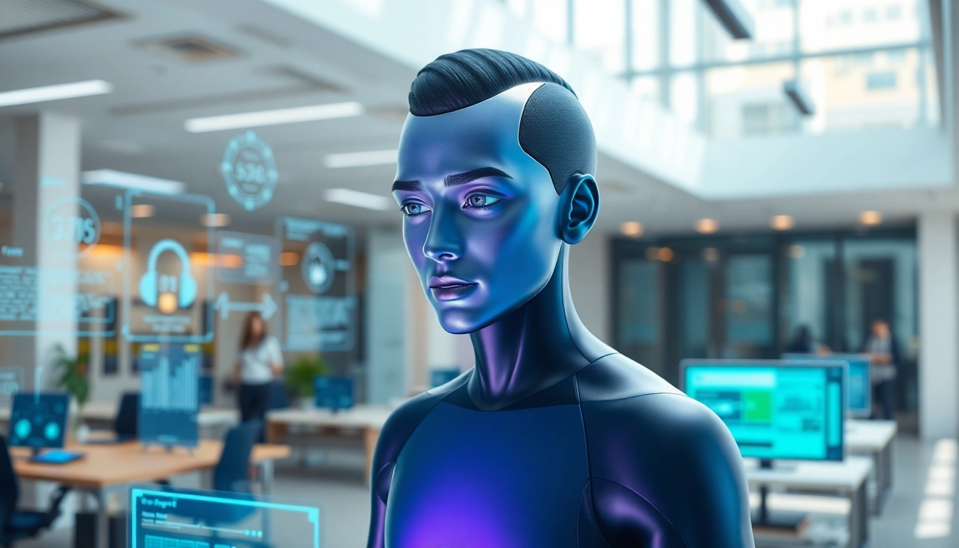 A live avatar engages with digital interfaces in a modern office, showcasing advanced interaction.