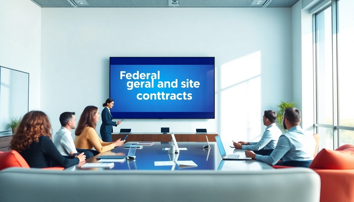 Consultants discussing Federal and State contracts in a modern conference room.
