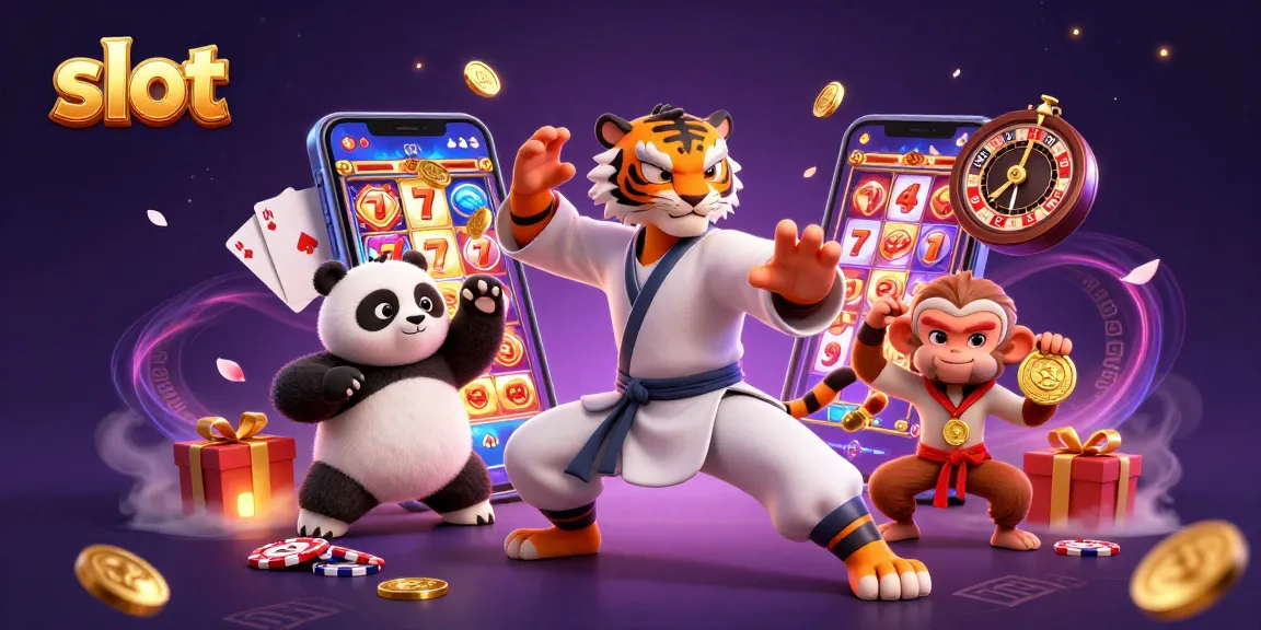 Experience thrilling slot action with the kung fu tiger master and friends in a vibrant casino scene.