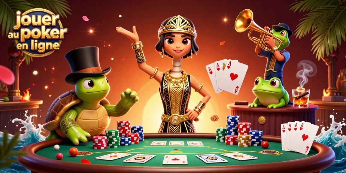 Jouer au poker en ligne avec des personnages colorés dans une illustration dynamique et festive.