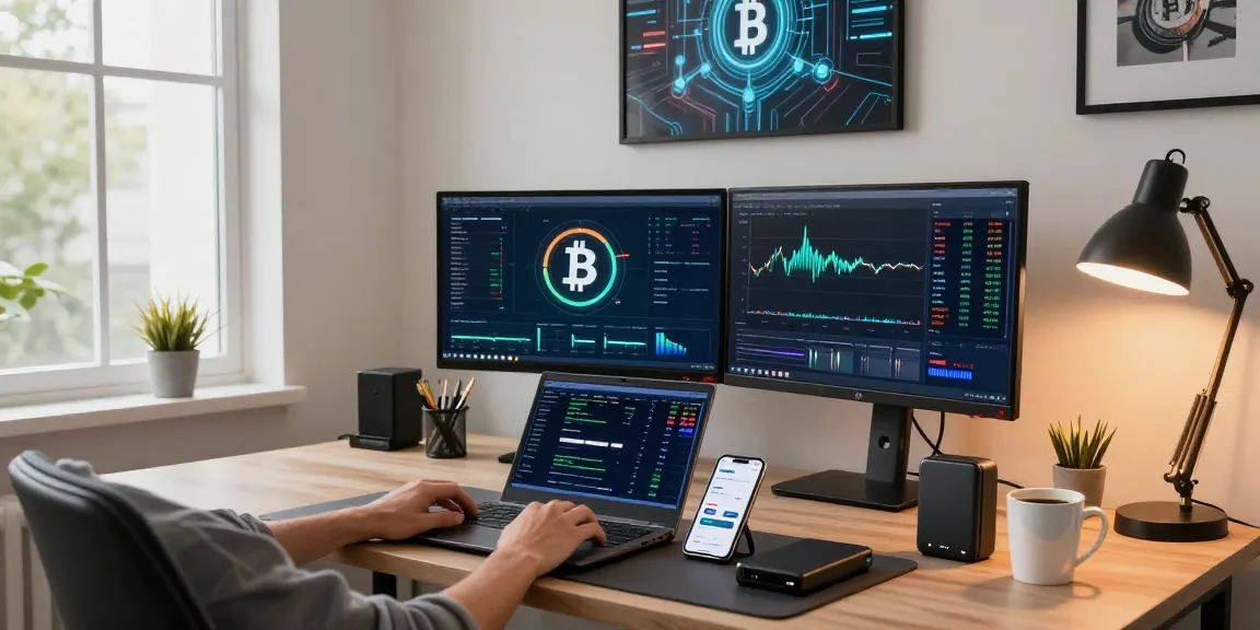Mining bitcoin online in a modern office with insightful trading analytics on dual monitors, showcasing cryptocurrency technology.