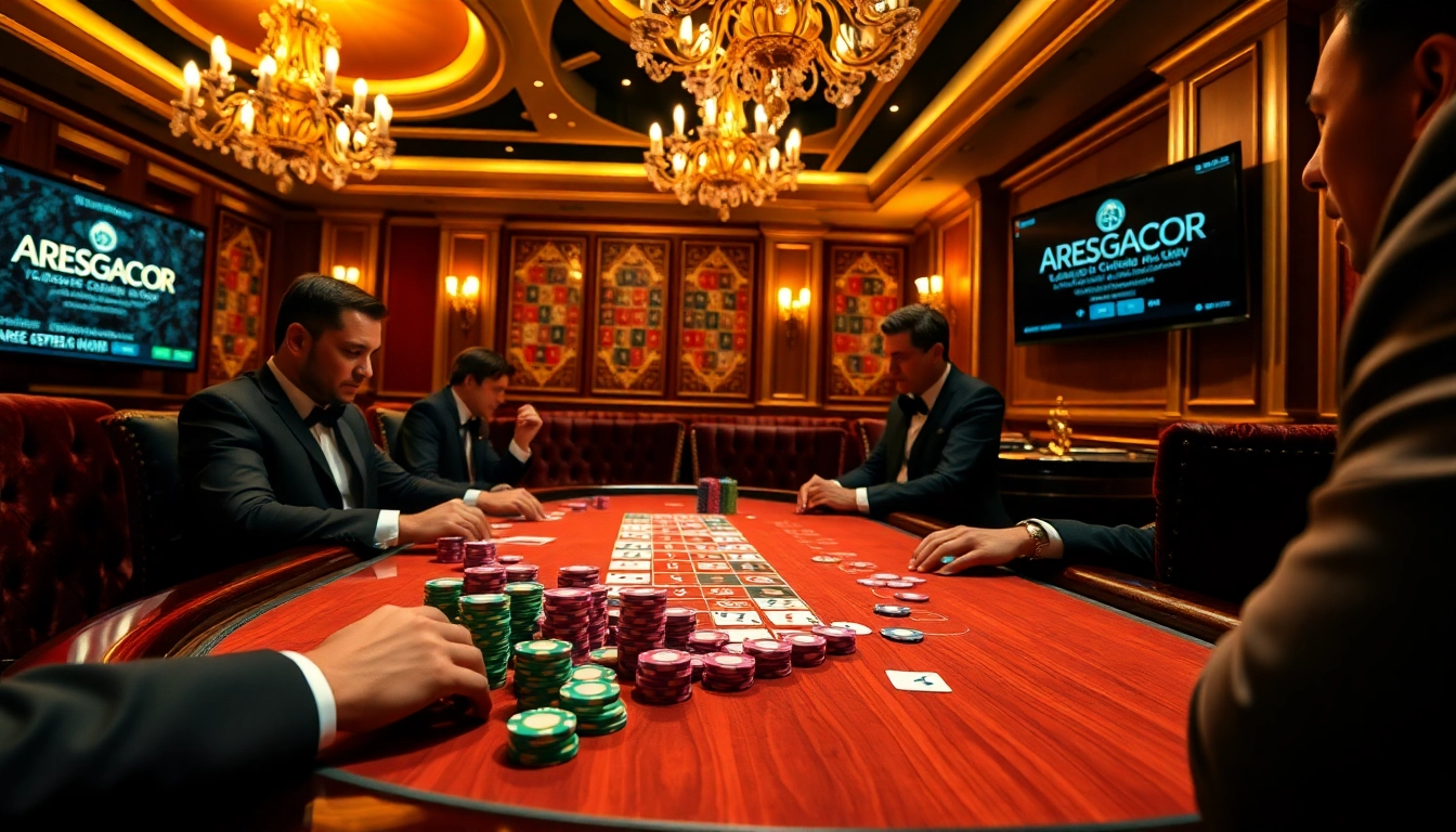 High-stakes poker game at a luxury casino showcasing ARESGACOR logo with vibrant chips and cards.