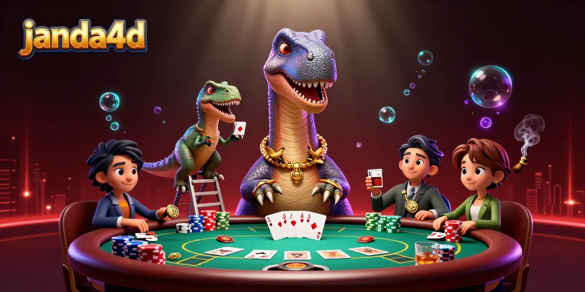 janda4d menyajikan suasana kasino yang meriah dengan dinosaur 3D dan meja poker penuh chip.