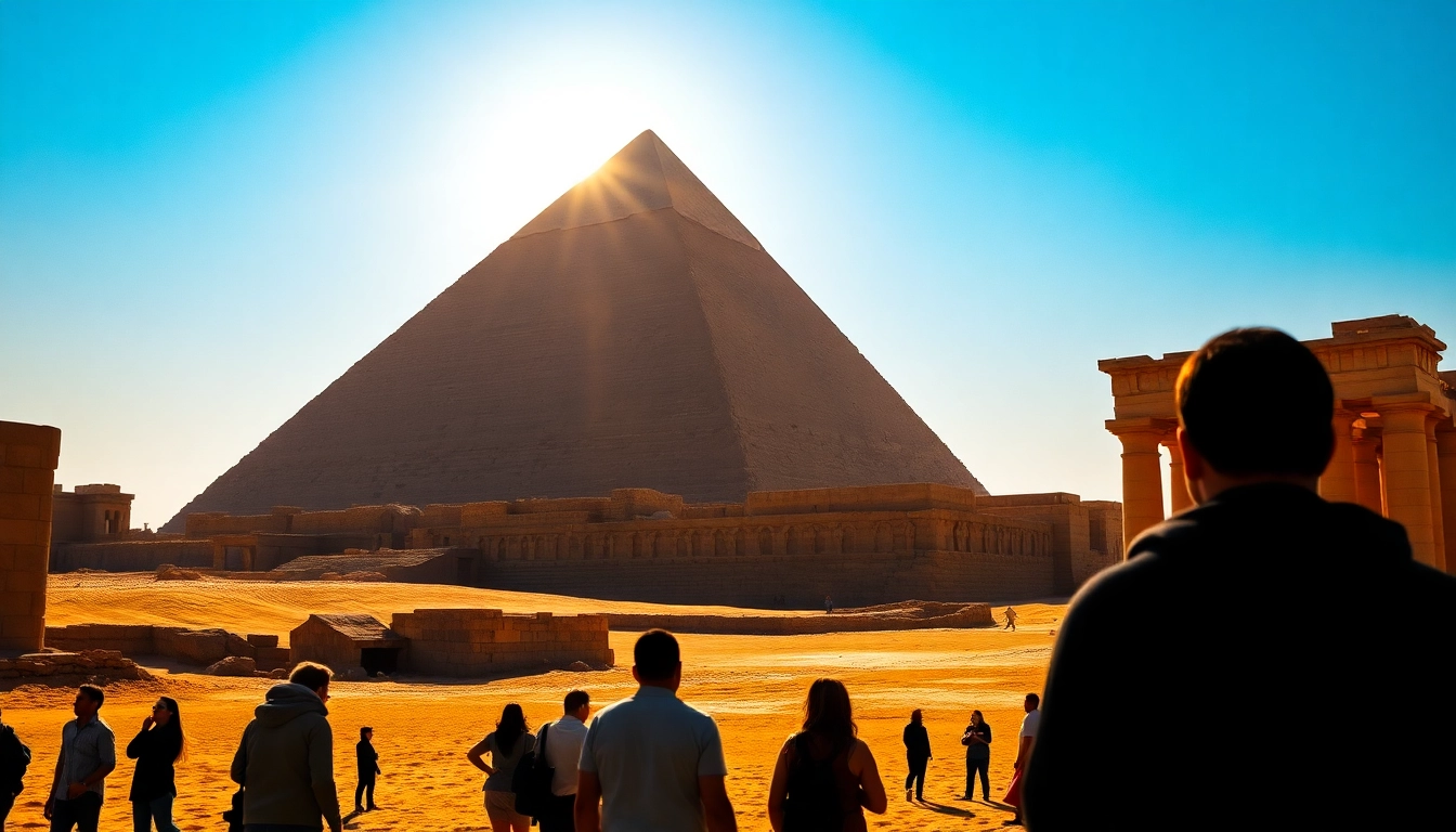 Tourists admire the iconic piraminds of Giza under the clear sky.
