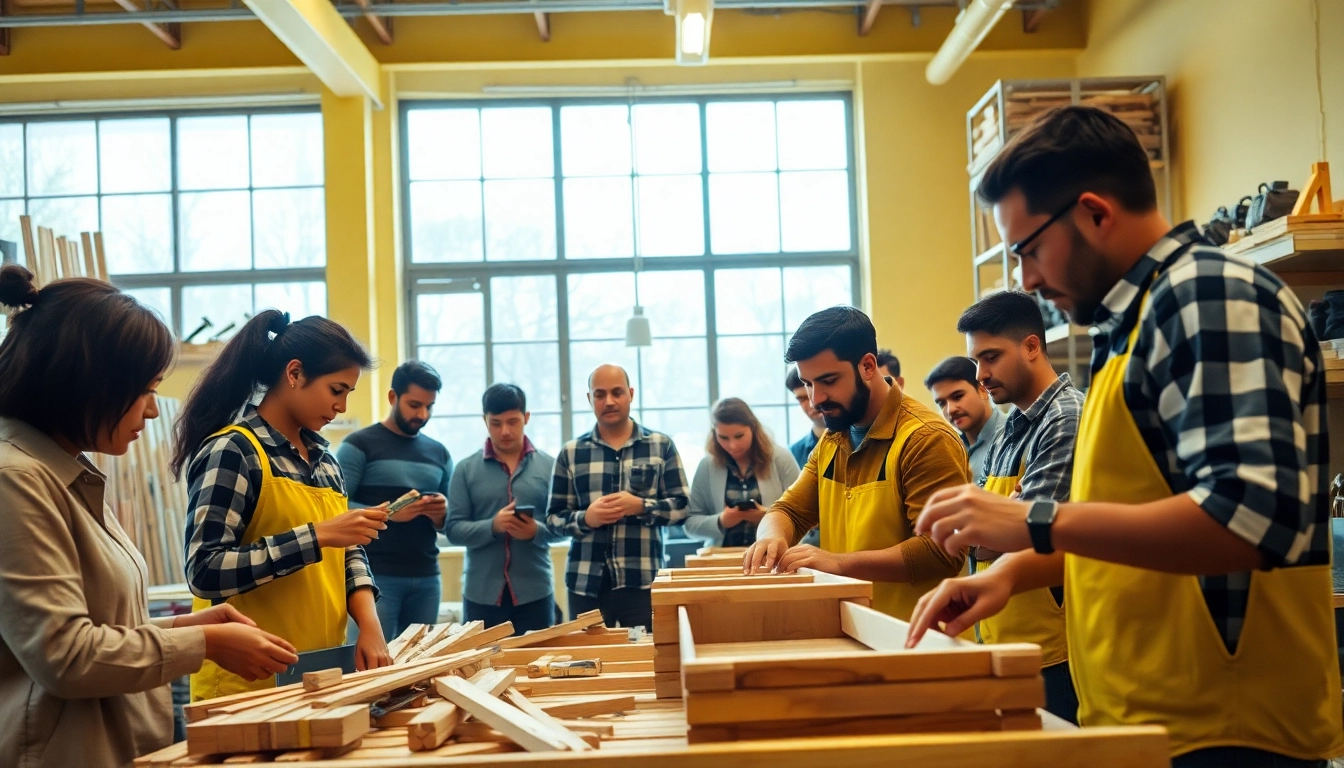 Engaged group participating in Construction training activities inside a workshop.