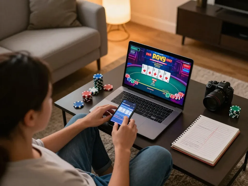 Engaging in an online poker game on vipwin platform in a cozy home setting.