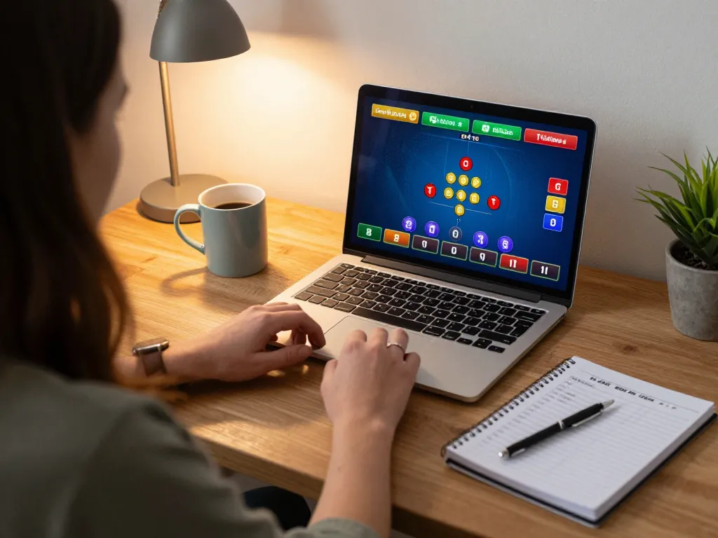 Watch engaging online blackjack gameplay on https://www.mnm88.com/, featuring stylish home gaming setup with strategy notes