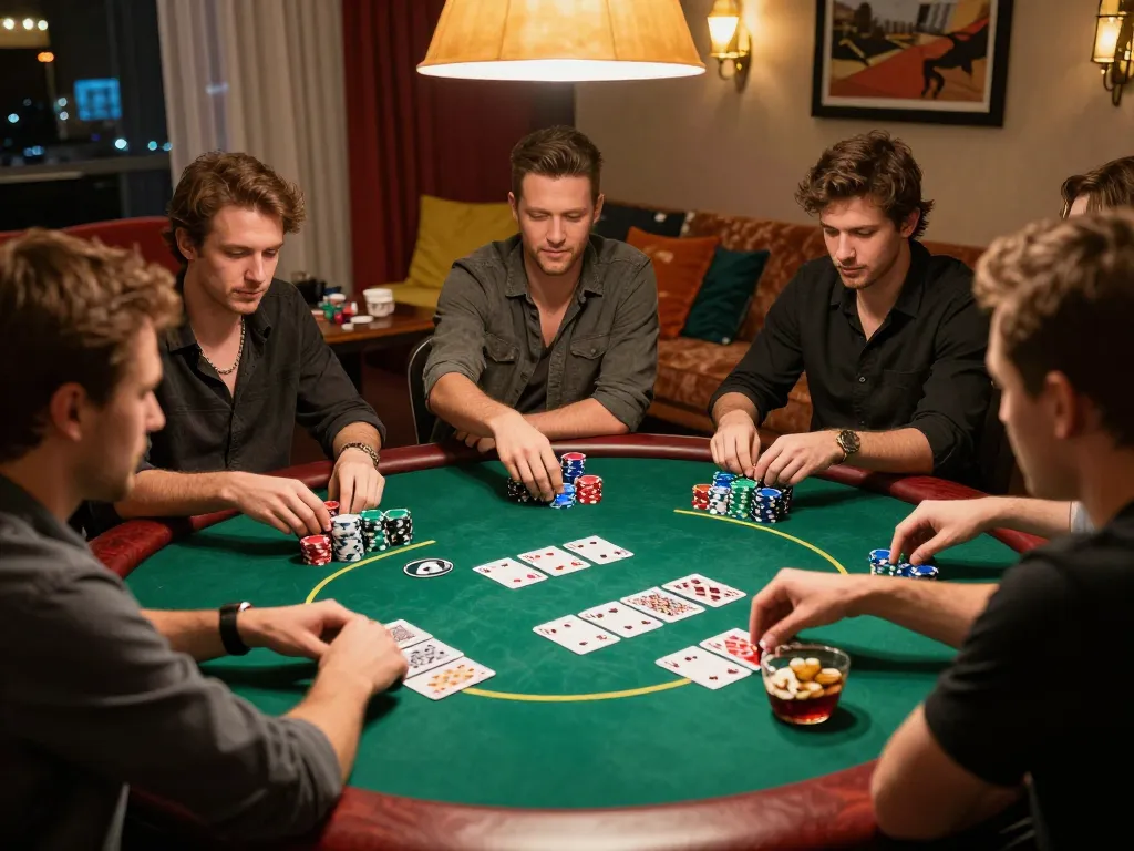 Engaging poker game scene illustrating Đăng Ký NET88 for new account holders, showcasing friends in friendly competition with cards and chips visible