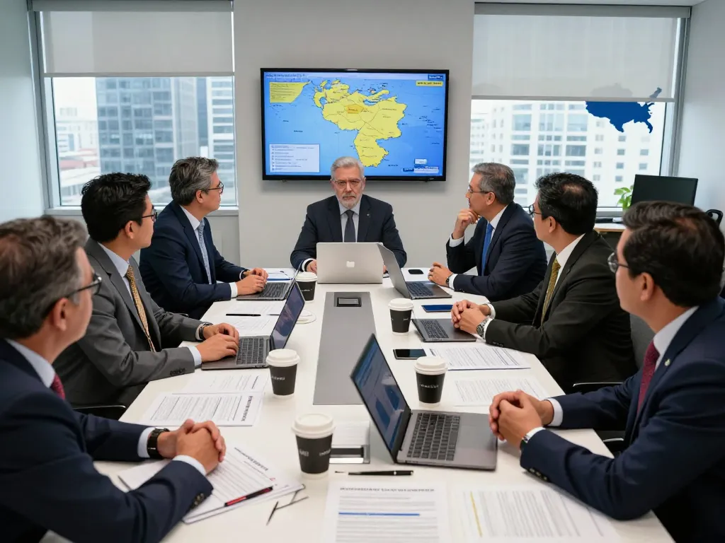 Analysts discussing the transition from sanctions to strikes in U.S.-Venezuela relations, with a professional office backdrop.