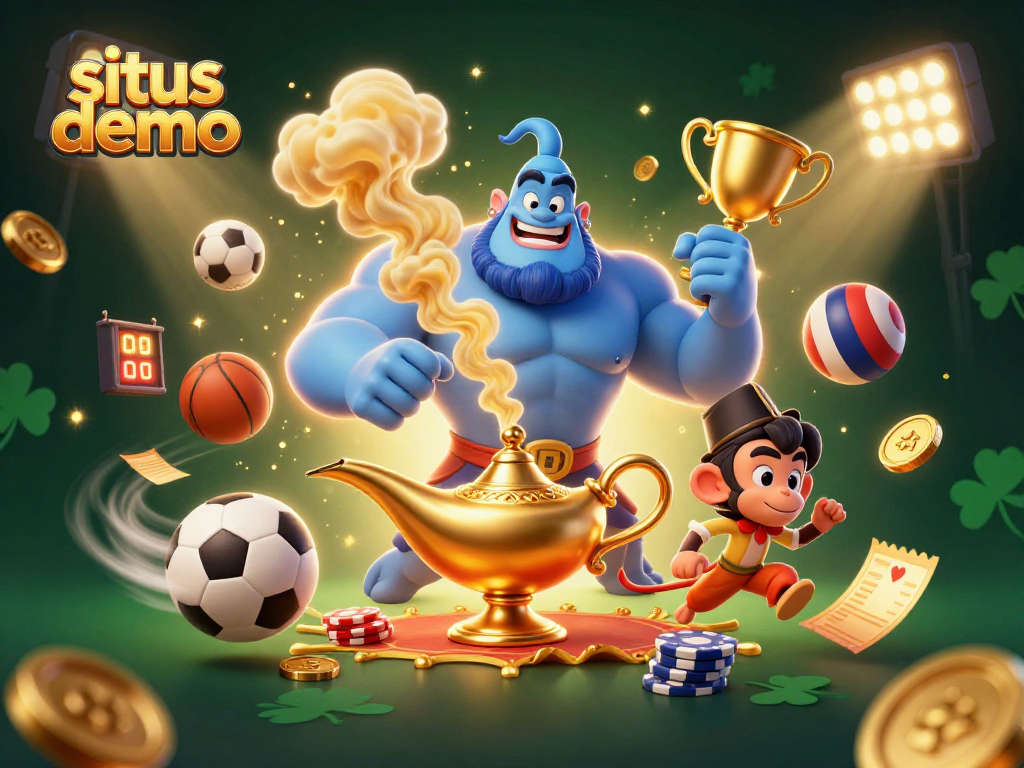 Engage in situs demo with a vibrant 3D casino illustration featuring a genie, monkey, and sports elements.