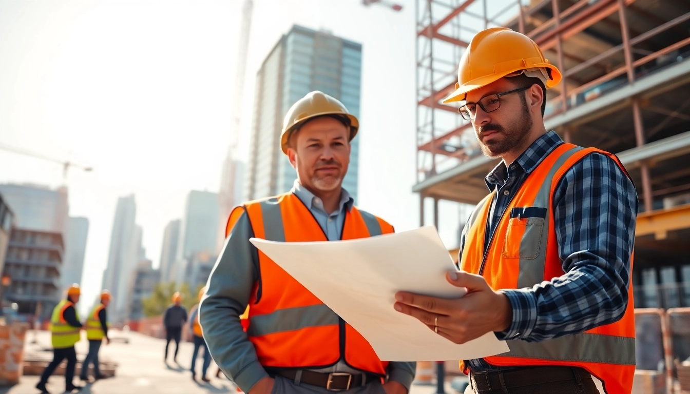 Manhattan Commercial General Contractor reviewing plans on a vibrant construction site.