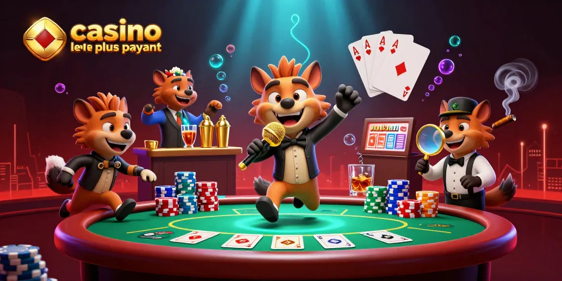 Visualisez le casino en ligne le plus payant avec une scène dynamique de jeux de casino et personnages cartoon.