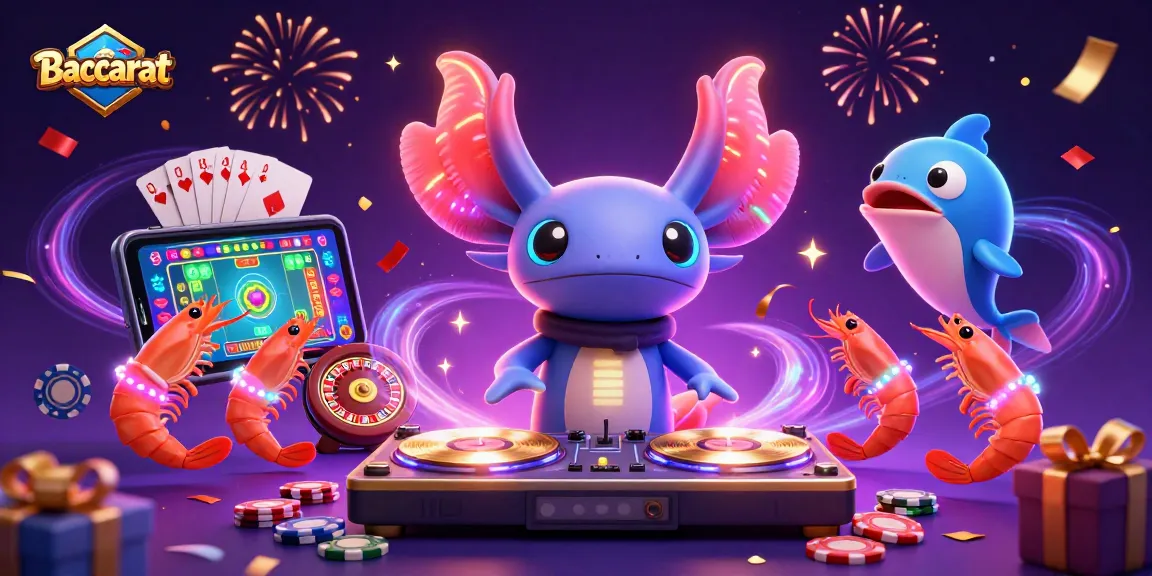 Baccarat game scene featuring a DJ axolotl, shrimp dancers, and vibrant casino elements.