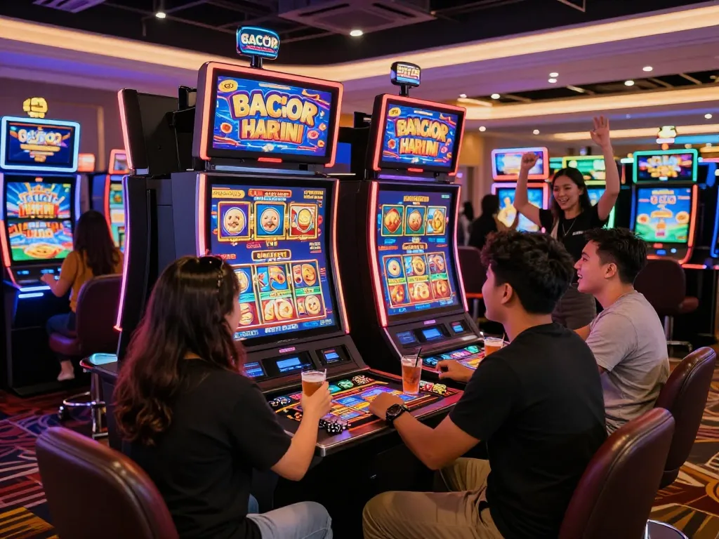 Excitement at a slot gacor hari ini casino with friends playing vibrant games.