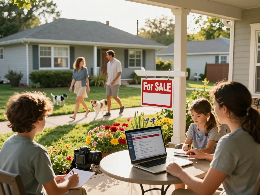 Sell my home urgently with a warm family gathering outside a cozy house, showcasing the fast home-selling process.