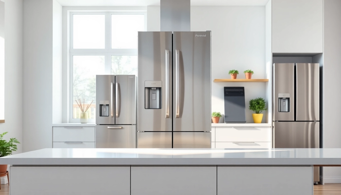 Shop modern refrigerator sales with a stunning stainless steel refrigerator in a bright kitchen setting.