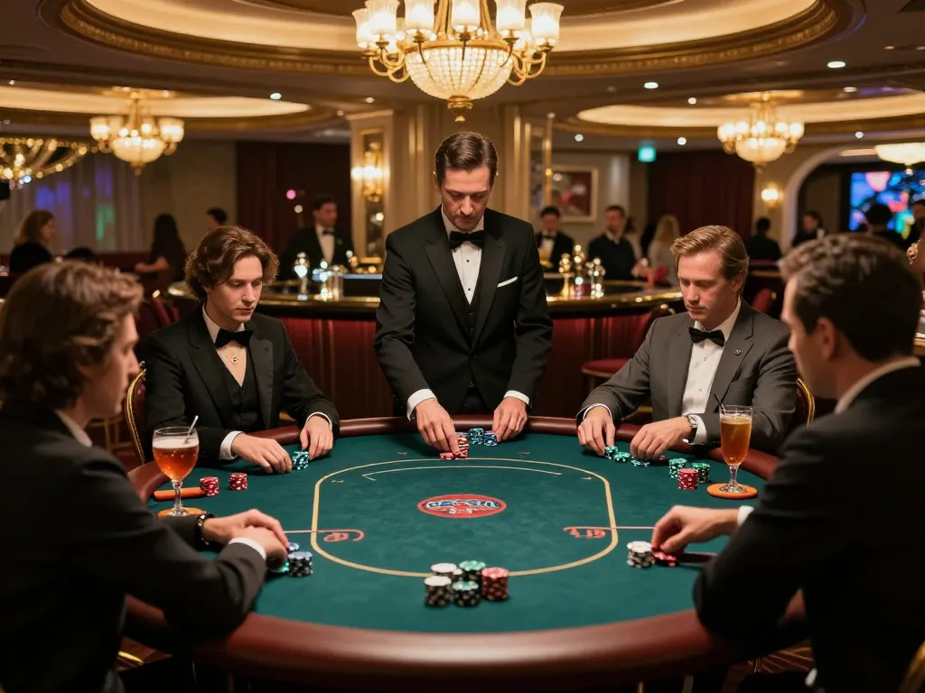 Players enjoying a high-stakes game at OK365's luxurious casino poker table, reflecting elegance and intense gameplay