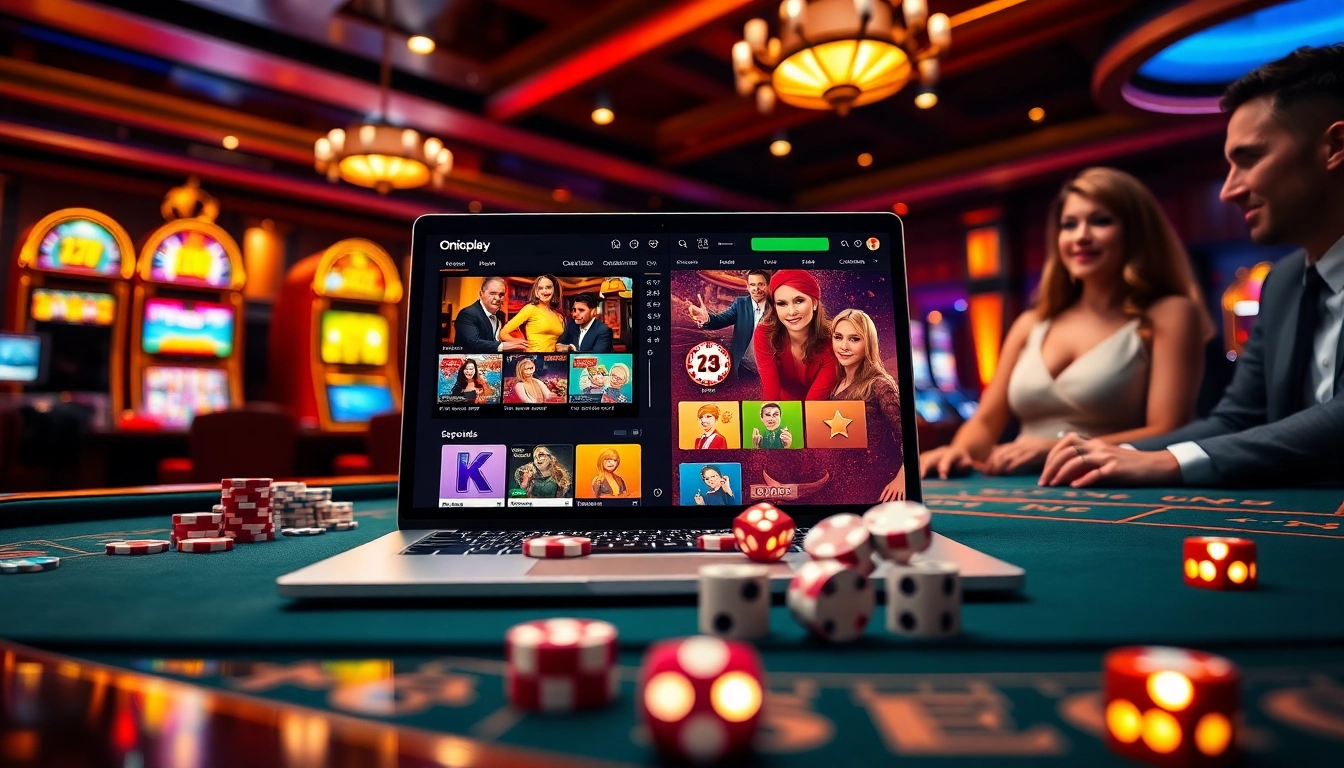 Gamblers winning exciting rewards using the Onicplay online interface amid vibrant casino visuals.