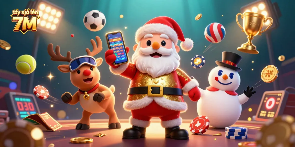 Engage with tỷ số trực tuyến 7M, featuring cartoon Santa Claus and friends in a vibrant casino scene with dynamic sports elements.
