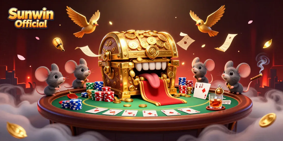 Experience the thrill of winning at Sunwin Official with a vibrant poker scene surrounded by golden treasures and excitement.