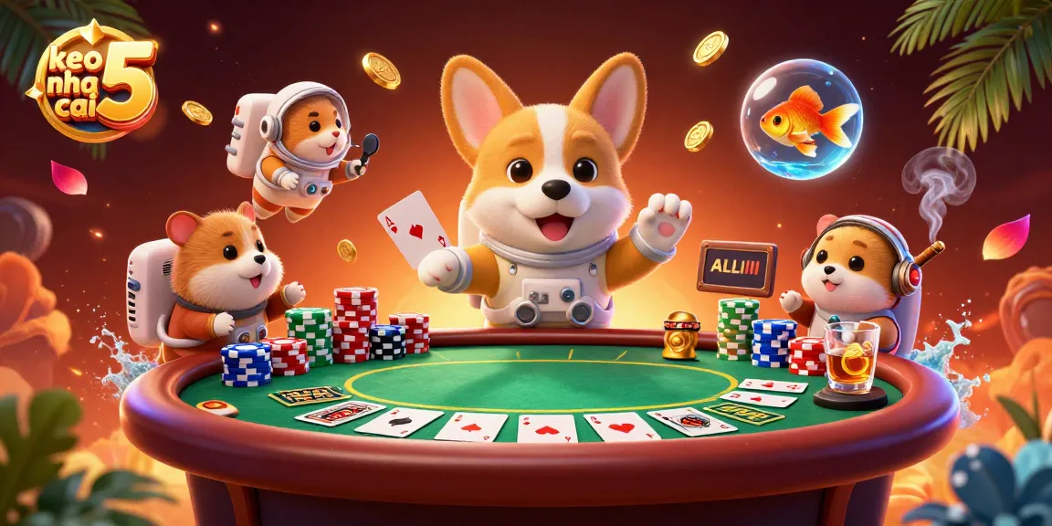 Engage with keo nha cai 5 as the astronaut corgi floats through a vibrant space casino filled with poker chips.