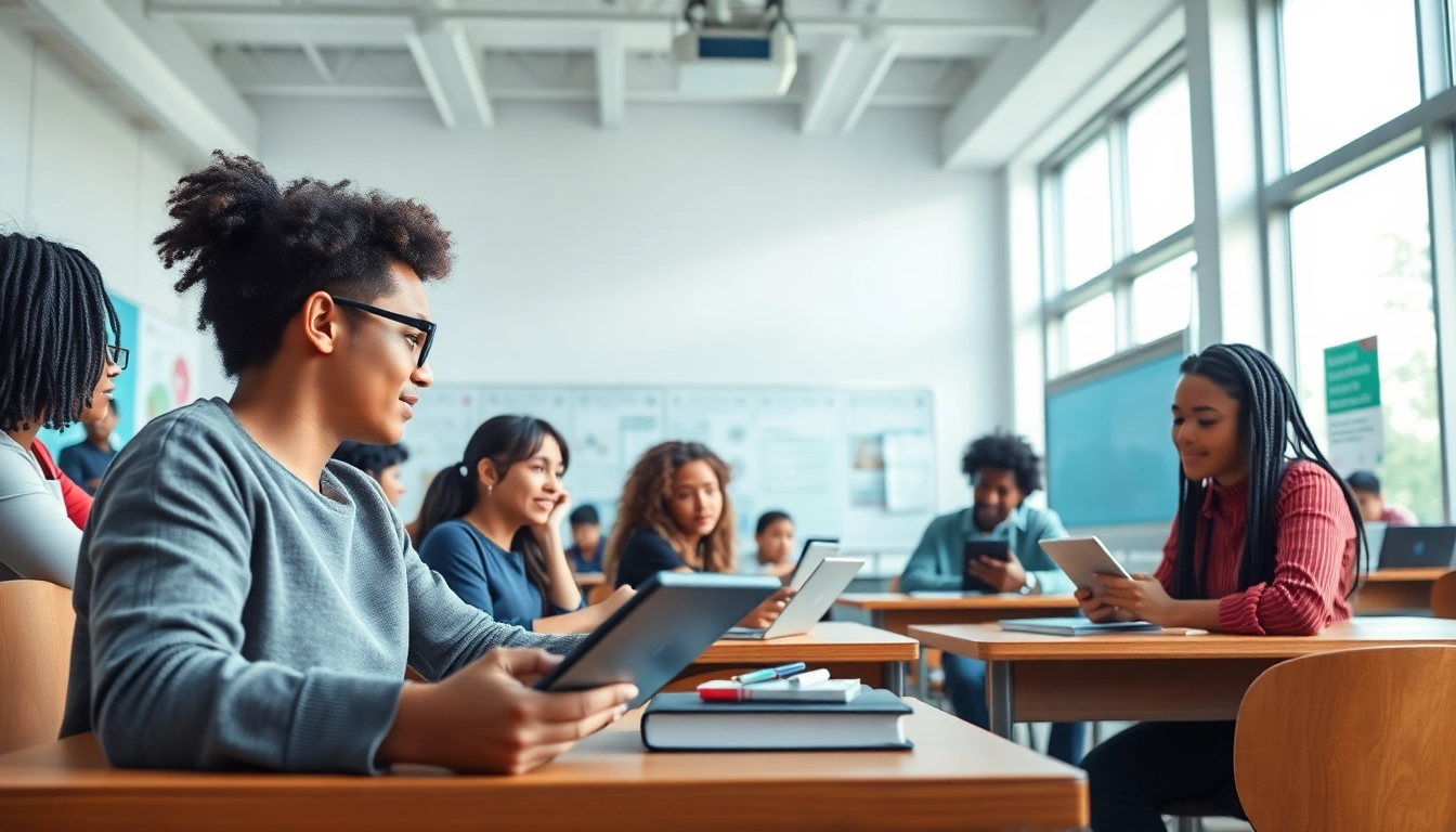 Education in a modern classroom setting with diverse students collaborating and learning together.