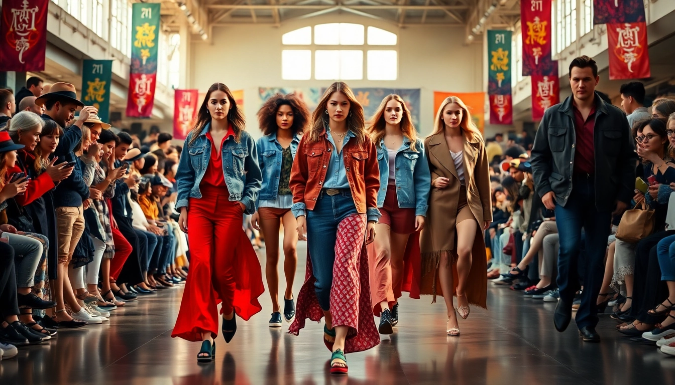 Fashion models striding on a runway showcasing vibrant, multi-layered outfits while captivated audience watches.