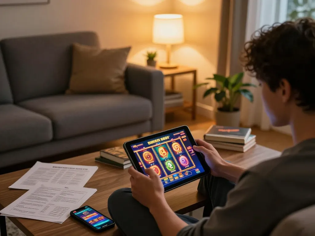 Player engaging in slot-gacor2026 gaming on their tablet, demonstrating colorful interface and cozy home environment.