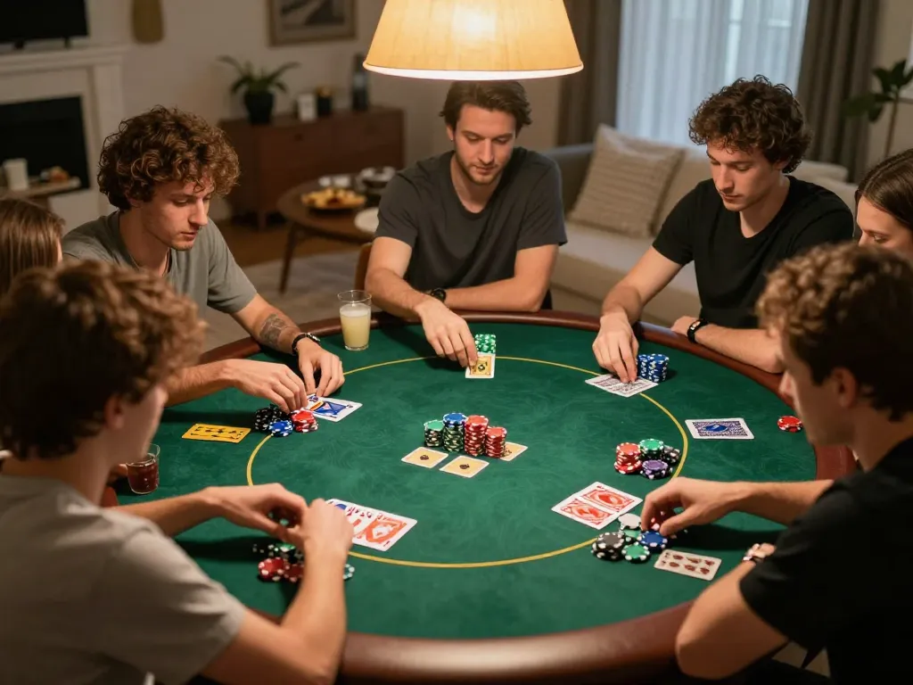 Players enjoying a home poker night at iwin club with chips and cards visible, showcasing strategic gameplay.