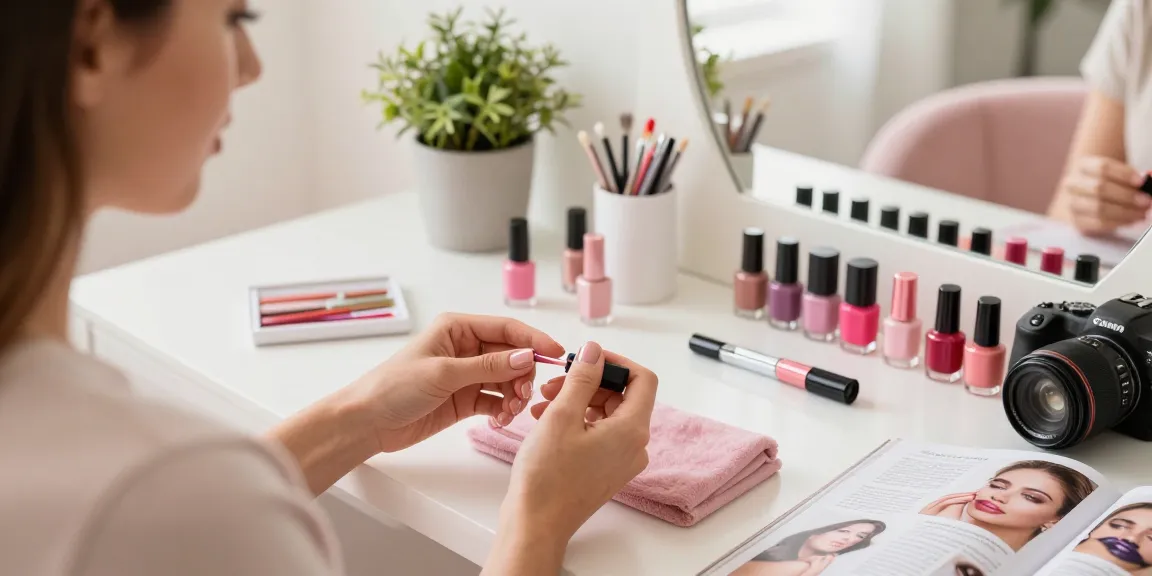 Aplicarea bazei și top coat-ului de unghii într-un salon de acasă elegant, cu o selecție vibrantă de lacuri de unghii.