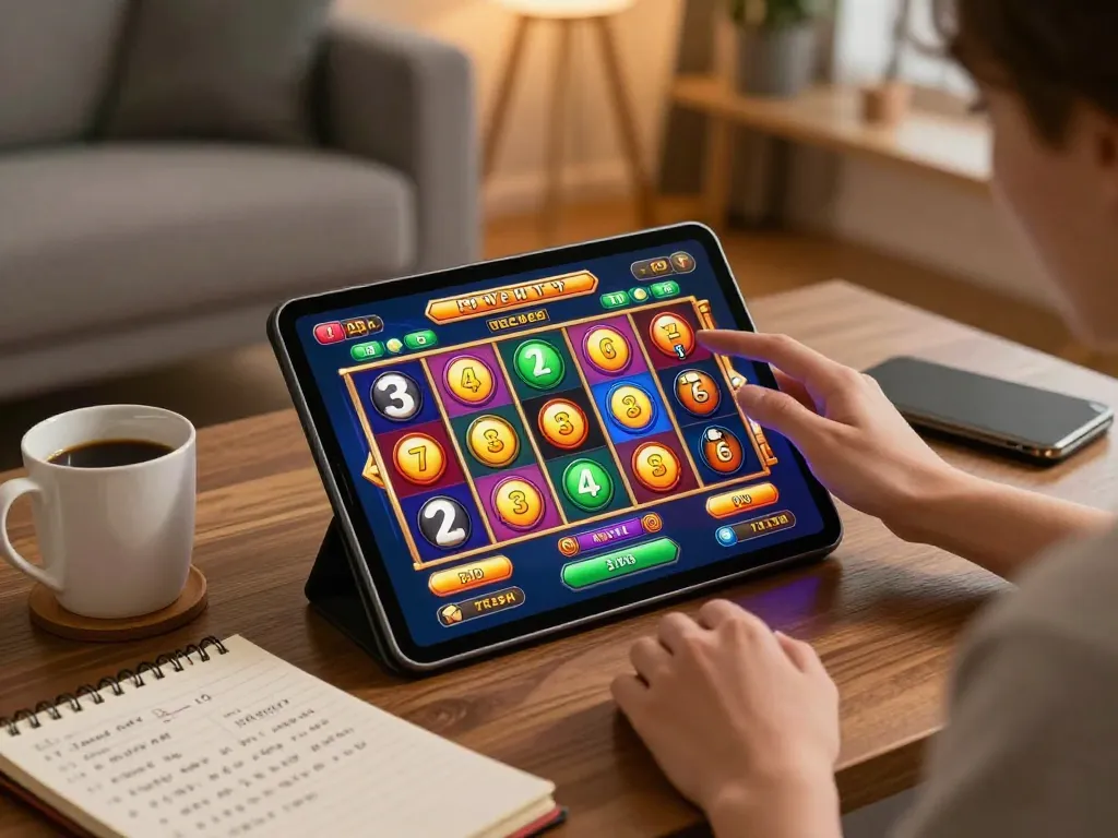 Player enjoying an exciting slot game on a tablet, showcasing engaging gameplay and colorful visuals