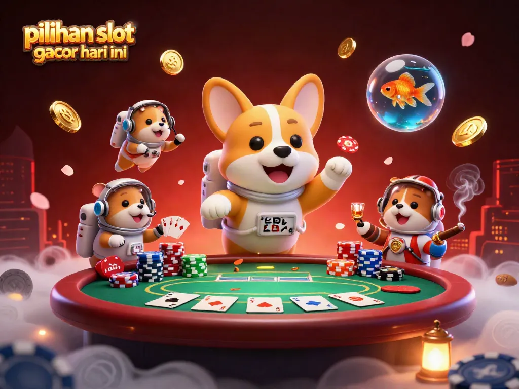 Slot gacor hari ini: corgi astronot bermain di kasino luar angkasa, dikelilingi chip poker dan koin emas.