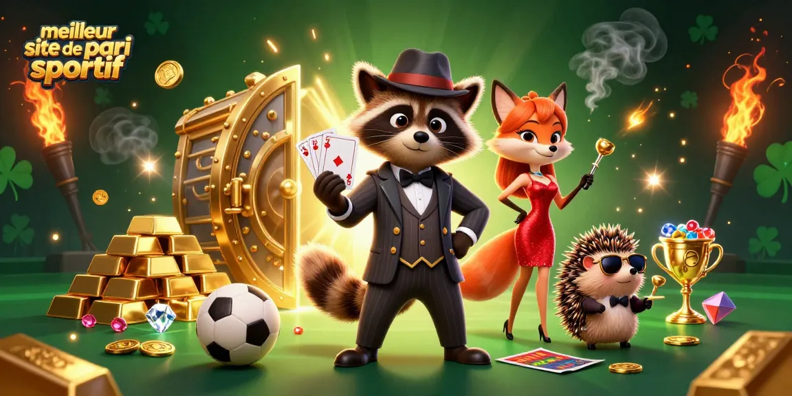 Image promotionnelle captivante du meilleur site de pari sportif avec un raton laveur en costume, une renarde en robe rouge et un hérisson, avec des éléments sportifs et des trésors dorés.