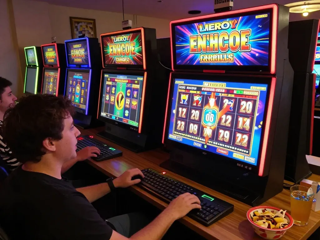 Player enjoying slot server kamboja games on computer screen with colorful slot machines and snacks nearby.