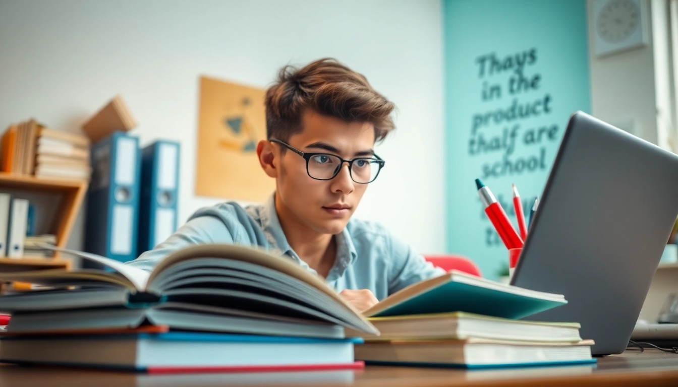 Exam assistance industry features a focused student preparing for exams in a bright study space.