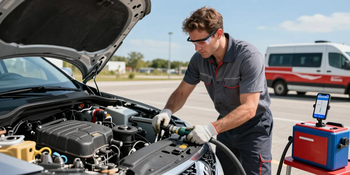 Mechanic draining Adblue in diesel car during roadside assistance, showcasing expert fuel recovery service.