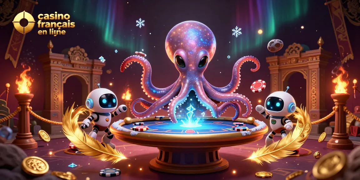 Le casino français en ligne présenté avec un octopus extraterrestre jouant au poker, entouré de jetons et d'effets de lumière.