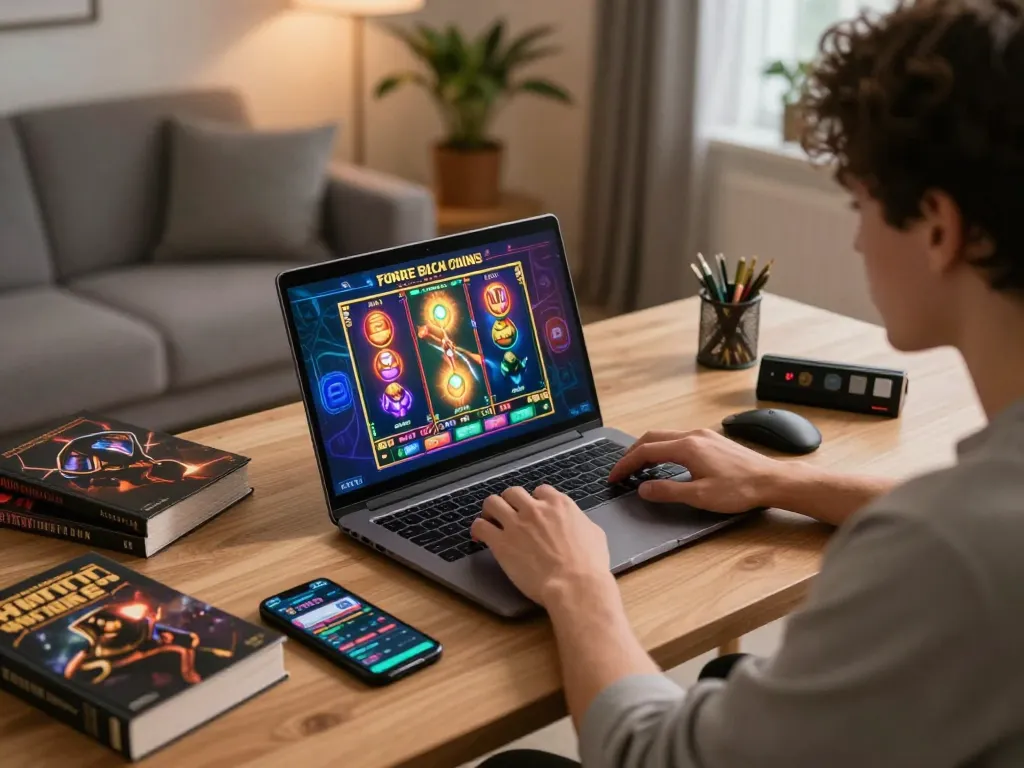 Engaging player enjoying situs gacor experience on laptop with vibrant slot game displayed.