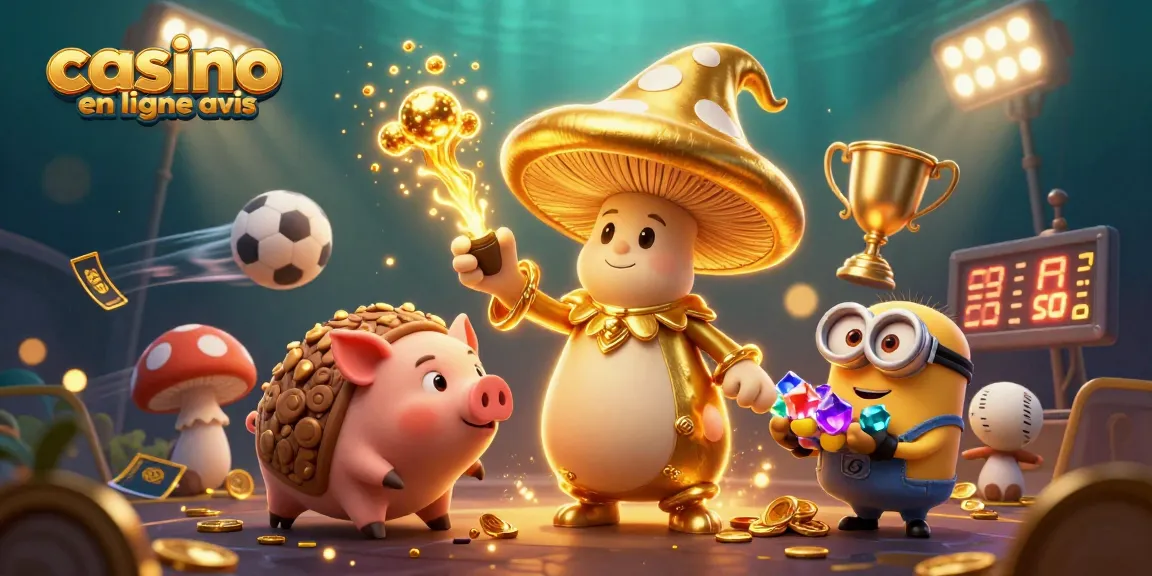 Illustration dynamique présentant un avis casino en ligne pour 2026 avec un magicien champignon doré et des éléments de pari.