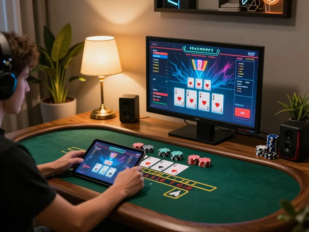 W88 player enjoying a thrilling live dealer game experience on a tablet in a cozy gaming setup