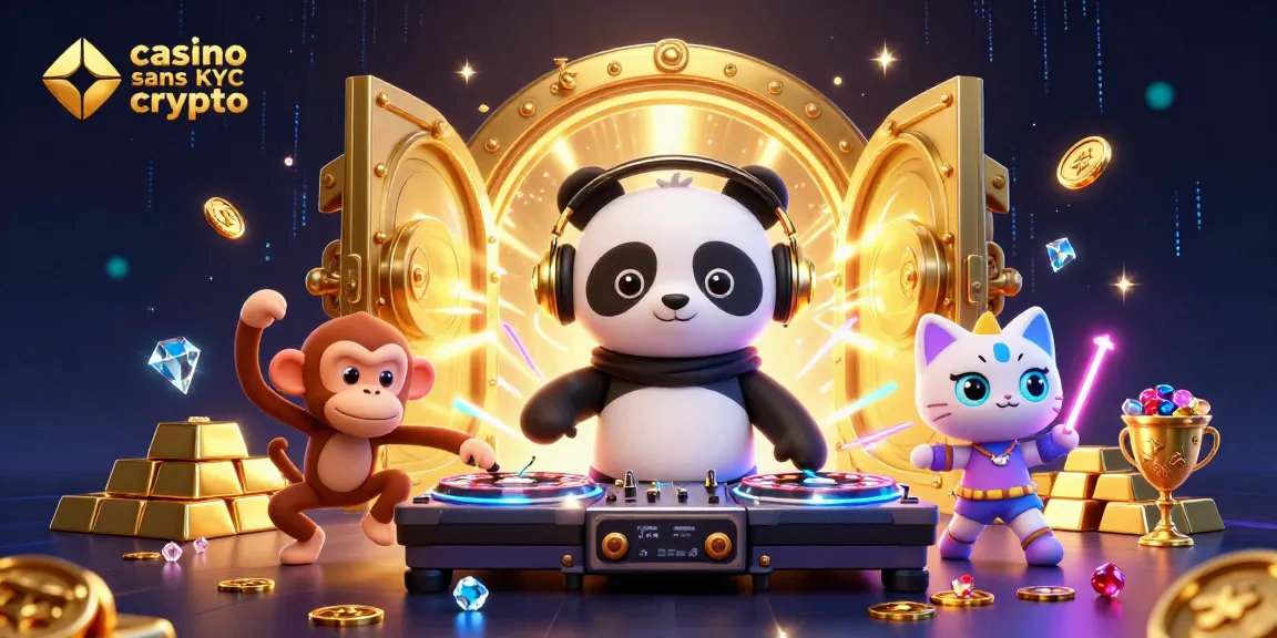 Illustration 3D de casino sans KYC crypto avec panda DJ et ambiance festif.