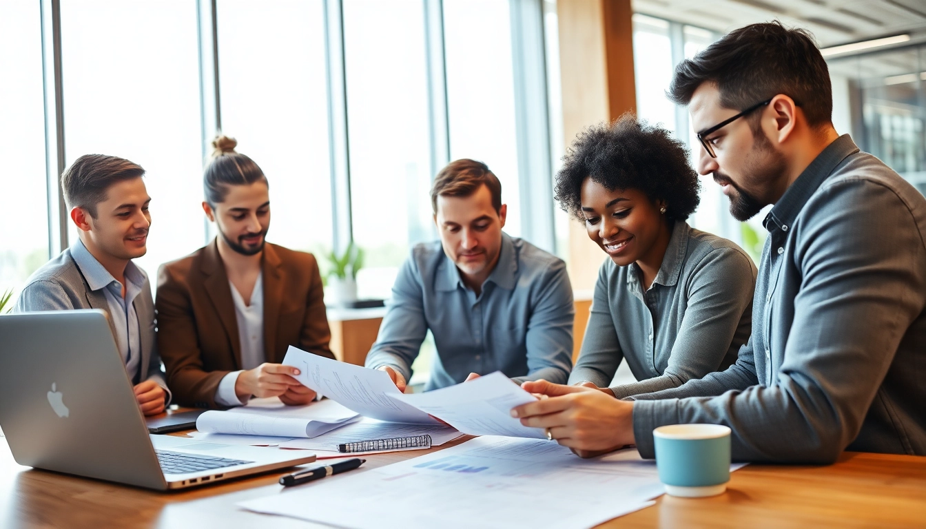 Consultant team working on contracts and grants analysis in a modern office environment.