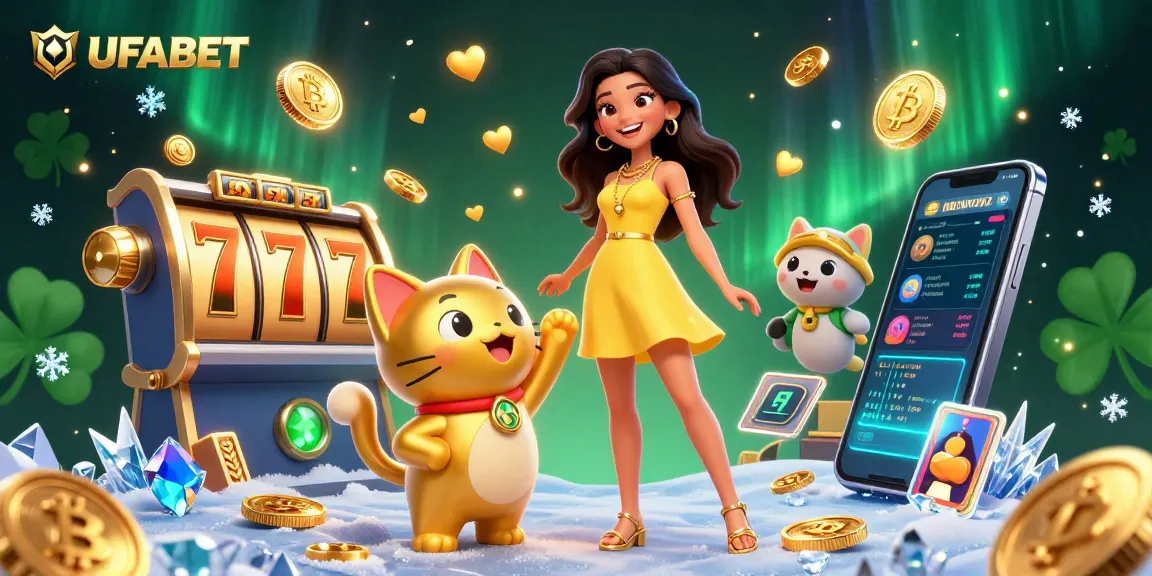 Play at UFABET with a cheerful Asian woman and a lucky cat mascot, surrounded by casino elements.