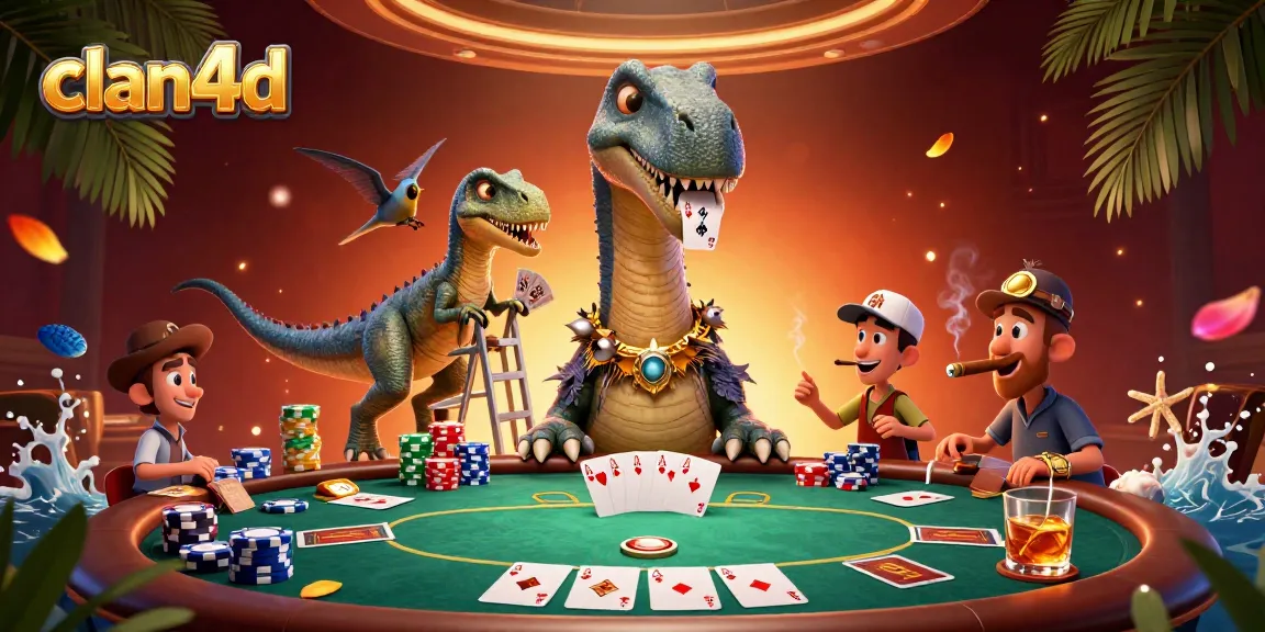 Experience the vibrant world of clan4d with a brontosaurus at a poker table in a lush casino.