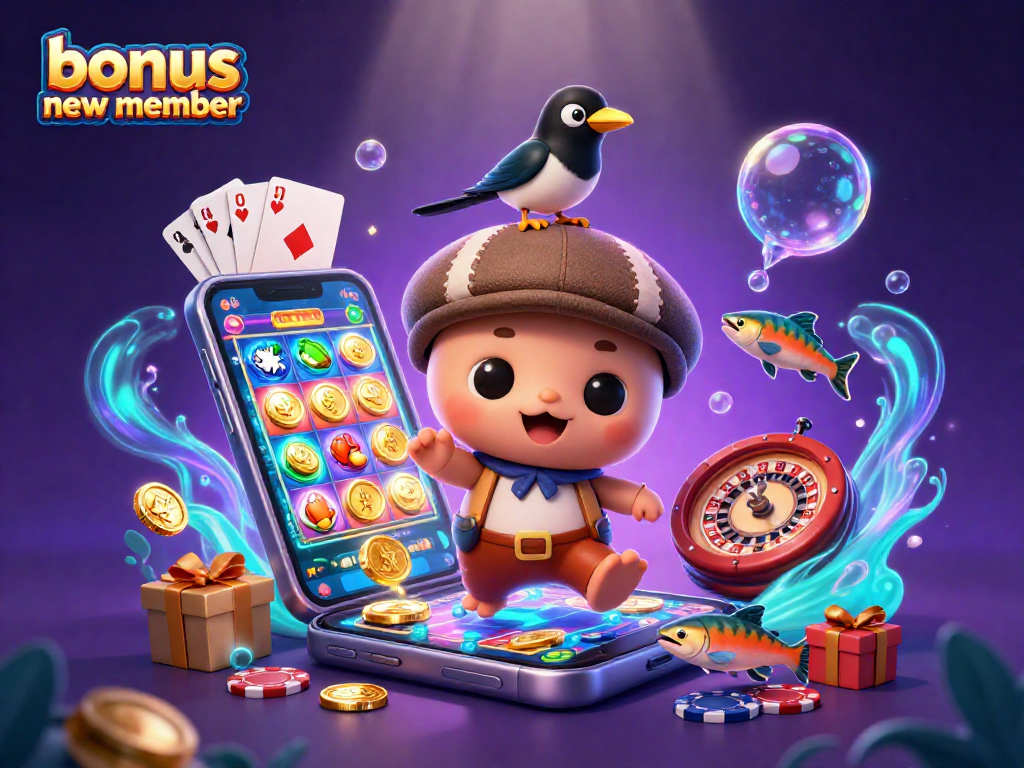 Experience the thrill of the bonus new member with playful characters in a vibrant casino scene.