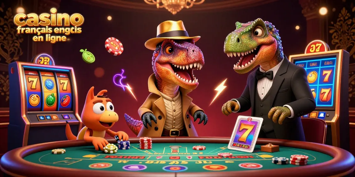 Gagnez au casino français en ligne avec un vélociraptor comptant des cartes à une table de blackjack.