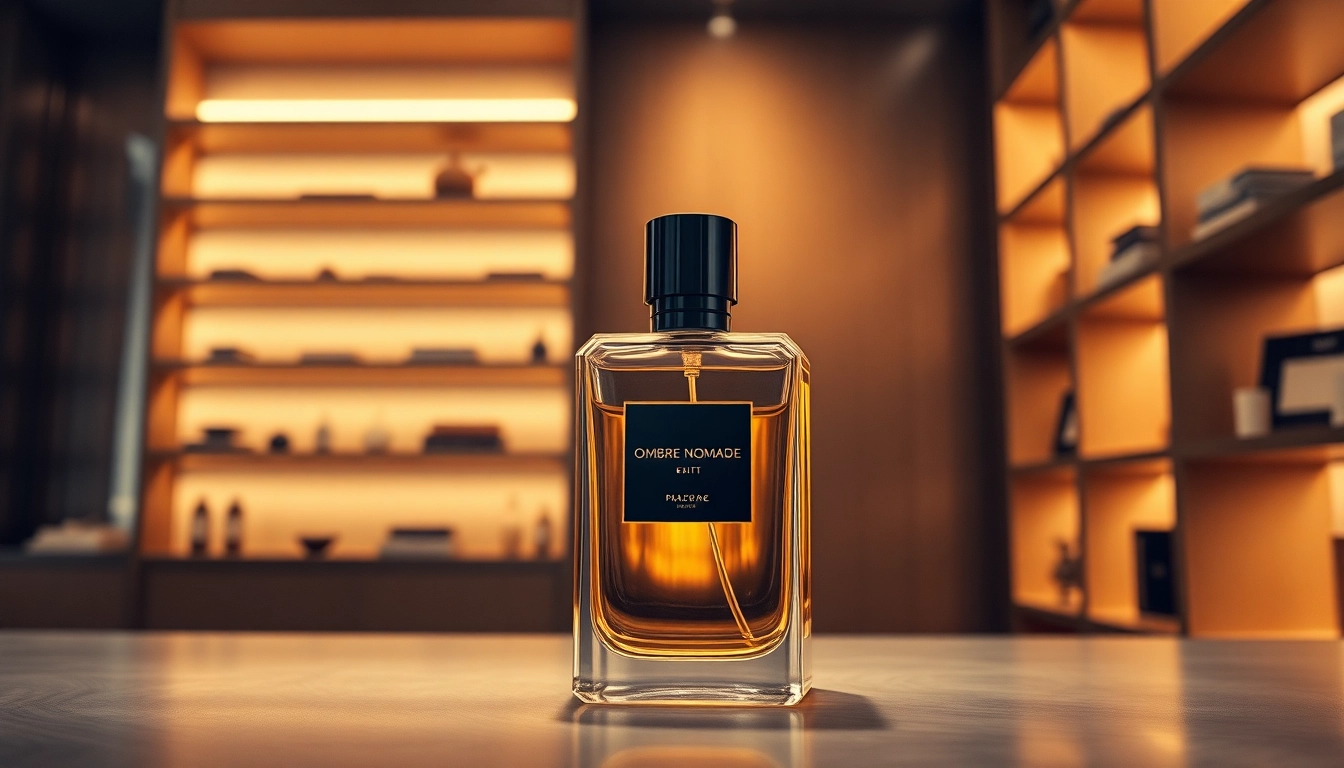 Showcasing Ombre nomade perfume in a luxurious boutique, emphasizing elegance and sophistication.